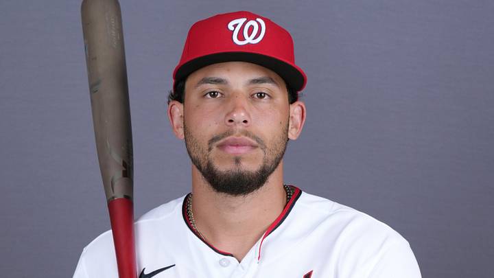 Feb 20, 2026; Palm Beach County, FL, USA;  Washington Nationals first baseman Yohandy Morales (28) poses for a portrait during photo day at CACTI Park of the Palm Beaches. Mandatory Credit: Jim Rassol-Imagn Images