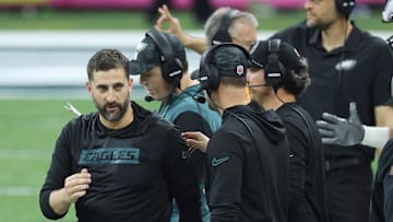 Feb 9, 2025; New Orleans, LA, USA;  Philadelphia Eagles head coach Nick Sirianni reacts in the fourth quarter against the Kansas City Chiefs in Super Bowl LIX at Ceasars Superdome.