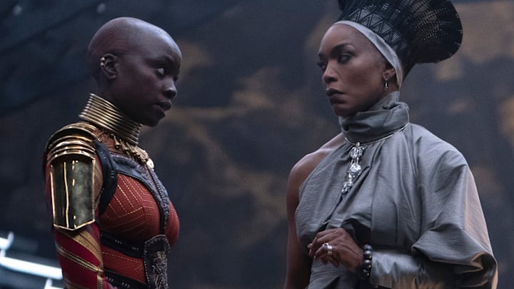 (L-R): Danai Gurira as Okoye and Angela Bassett as Ramonda in Marvel Studios' BLACK PANTHER: WAKANDA FOREVER. Photo by Eli Adé. © 2022 MARVEL.