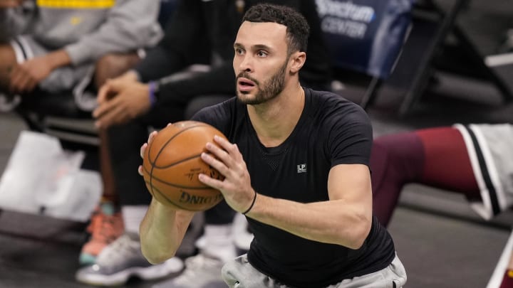 Apr 23, 2021; Charlotte, North Carolina, USA; Cleveland Cavaliers forward Larry Nance Jr. (22) during the pre game shoot around before the start against the Charlotte Hornets  at the Spectrum Center. Mandatory Credit: Jim Dedmon-USA TODAY Sports