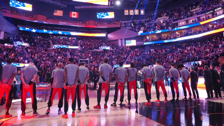 Mar 7, 2024; San Francisco, California, USA; Chicago Bulls players during the national anthem before the game against the Golden State Warriors at Chase Center. Mandatory Credit: Kelley L Cox-USA TODAY Sports
