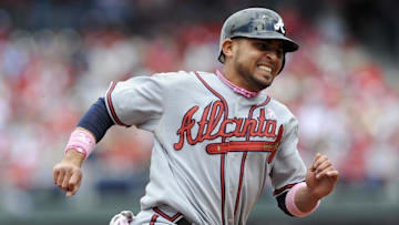 May 09, 2010; Philadelphia, PA, USA; Atlanta Braves shortstop Omar Infante (4) rounds third base in