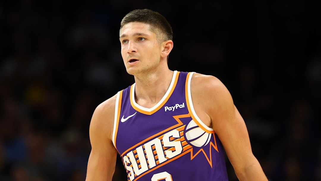 Feb 26, 2026; Phoenix, Arizona, USA; Phoenix Suns guard Grayson Allen (8) against the Los Angeles Lakers at Mortgage Matchup Center. Mandatory Credit: Mark J. Rebilas-Imagn Images