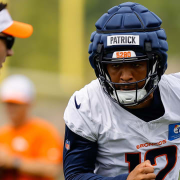 Jul 26, 2024; Englewood, CO, USA; Denver Broncos wide receiver Tim Patrick (12) during training camp at Broncos Park Powered by CommonSpirit. 