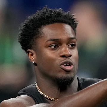 Mar 2, 2024; Indianapolis, IN, USA; Southern California wide receiver Tahj Washington (WO34) during the 2024 NFL Combine at Lucas Oil Stadium. Mandatory Credit: Kirby Lee-Imagn Images