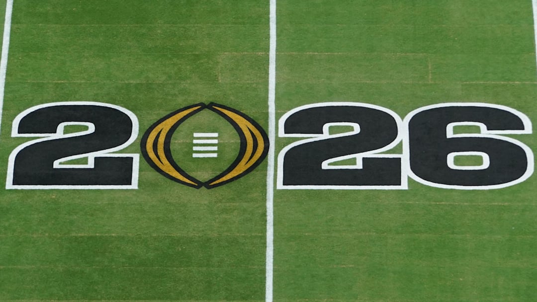 Jan 19, 2026; Miami Gardens, FL, USA; A general view of a 2026 logo before the CFP National Championship college football game between the Indiana Hoosiers and the Miami Hurricanes at Hard Rock Stadium. Mandatory Credit: James Lang-Imagn Images
