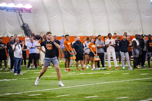Former Longhorns Quinn Ewers passes during the Texas' Pro Day at the Texas Football Training Facility.
