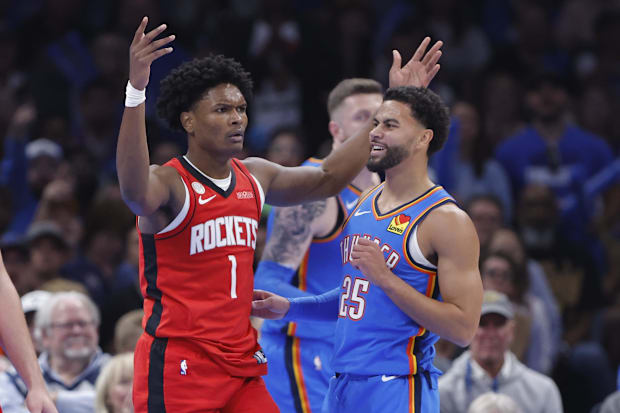 Rockets guard Amen Thompson reacts after a play against the Thunder on opening night.