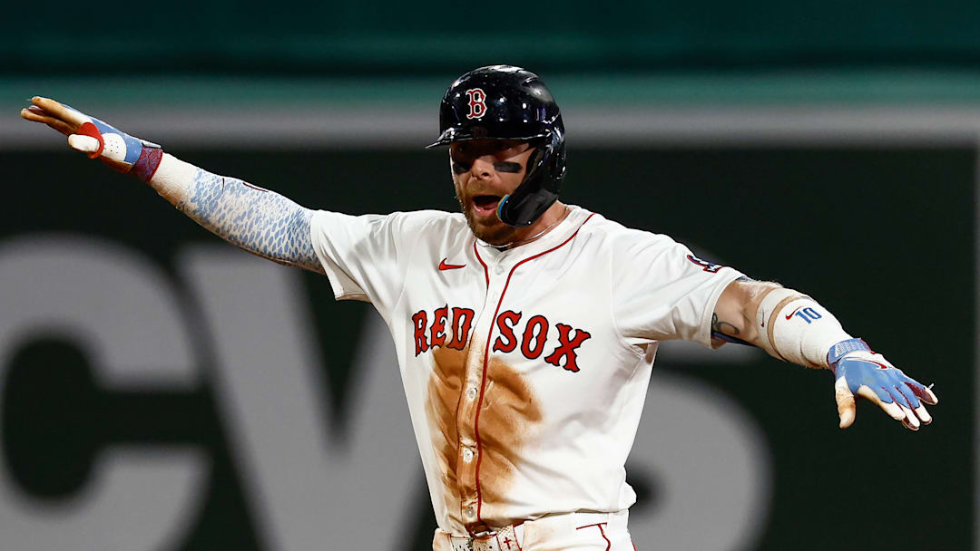 Boston Red Sox shortstop Trevor Story celebrates against the Cleveland Guardians.
