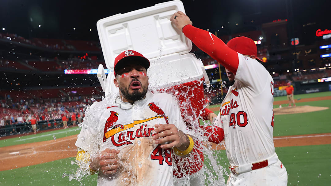 St. Louis Cardinals catcher Iván Herrera celebrates a walk off against the San Diego Padres.