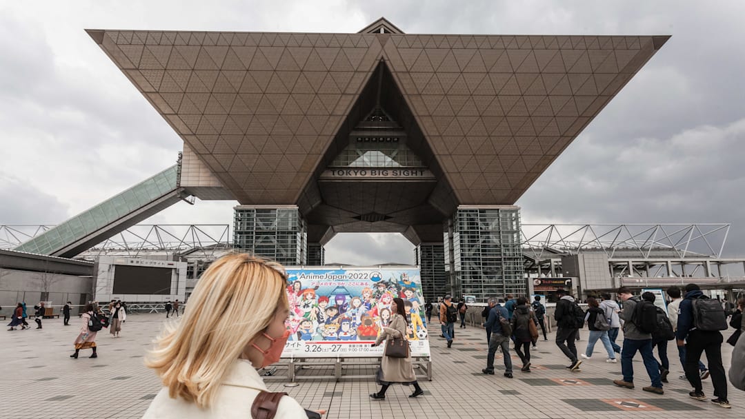 A sign for Anime Japan 2022 outside Tokyo Big Sight, Odaiba...