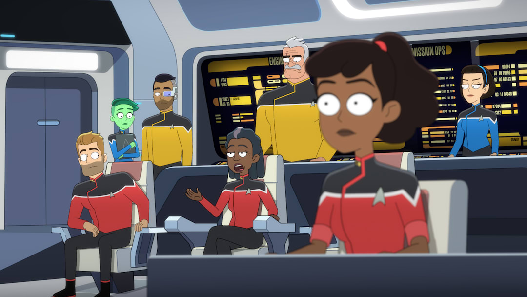 L-R: Jerry OíConnell as Jack Ransom, NoÎl Wells as DíVana Tendi, Eugene Cordero as Rutherford, Dawnn Lewis as Captain Carol Freeman, Fred Tatasciore as Lieutenant Shaxs, Tawny Newsome as Beckett Mariner, and Gabrielle Ruiz as T'Lyn in episode 7, season 5 of Lower Decks streaming on Paramount+, 2024. Photo Credit: Paramount+