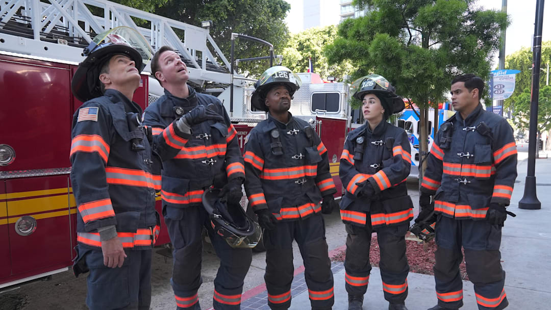 9-1-1 LONE STAR: L-R: Rob Lowe, Jim Parrack, Brian Michael Smith, Natacha Karam, and Julian Works in the "My Way" episode of 9-1-1 LONE STAR airing Monday, Oct 14 (8:00-9:02 PM ET/PT) on FOX. © 2024 Fox Media LLC.