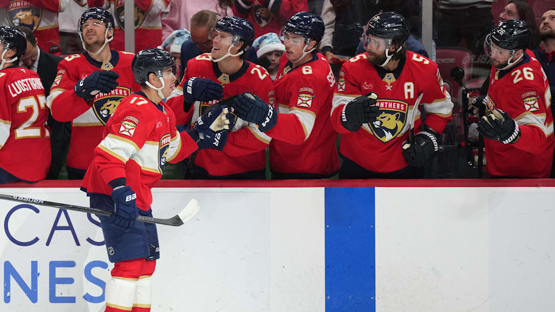 Dec 6, 2025; Sunrise, Florida, USA; Florida Panthers center Evan Rodrigues (17) celebrates a goal against the Columbus Blue Jackets during the first period at Amerant Bank Arena. Mandatory Credit: Jim Rassol-Imagn Images Dec 6, 2025; Sunrise, Florida, USA; Florida Panthers center Evan Rodrigues (17) celebrates a goal against the Columbus Blue Jackets during the first period at Amerant Bank Arena. Mandatory Credit: Jim Rassol-Imagn Images