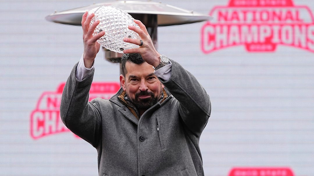 Ohio State Buckeyes head coach Ryan Day holds the AFCA Coaches' Trophy during the Ohio State Buckeyes College Football Playoff National Championship celebration at Ohio Stadium in Columbus on Jan. 26, 2025.