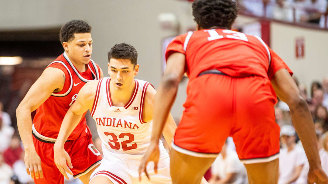 Indiana's Trey Galloway (32) dribbles during the Indiana versus Ohio State men's basketball game at Simon Skjodt Assembly Hall on Saturday, March 8, 2025.