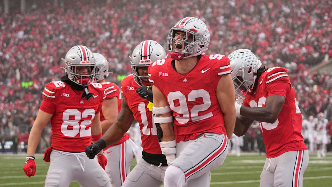 Ohio State Buckeyes defensive end Caden Curry (92) celebrates a fumbled punt during the first half of the NCAA football game against the Indiana Hoosiers at Ohio Stadium in Columbus on Saturday, Nov. 23, 2024.