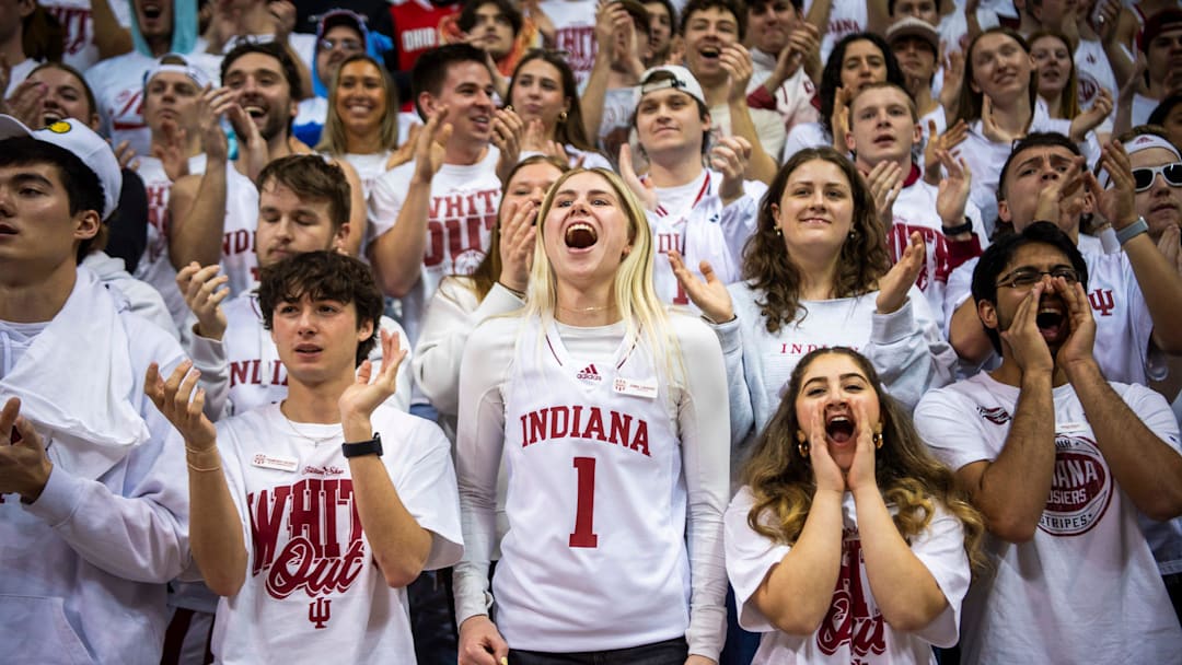 Jenna Logwood cheers during the Indiana versus Ohio State men's basketball game at Simon Skjodt Assembly Hall on Saturday, March 8, 2025.