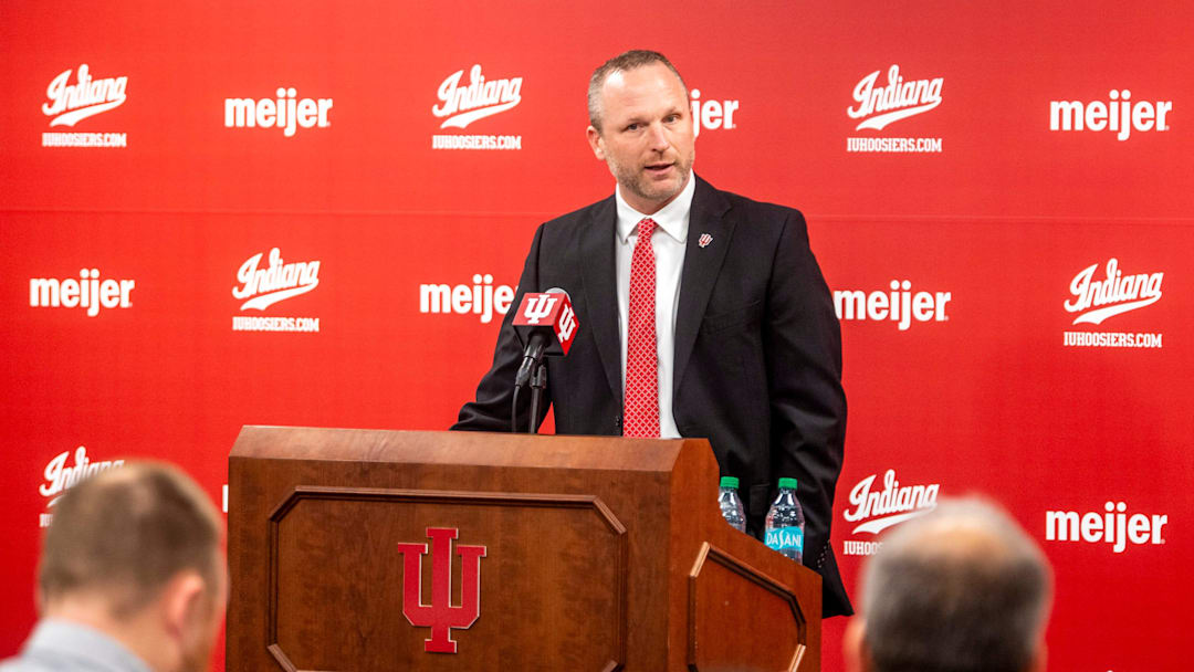 Indiana University men's basketball Head Coach Darian DeVries speaks at the introductory press conference at Simon Skjodt Assembly Hall on Wednesday, March 19, 2025.