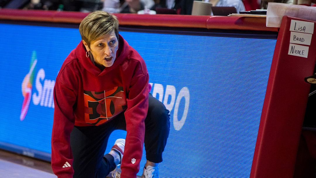 Indiana Head Coach Teri Moren talks with other coaches during the Indiana versus Rutgers women's basketball game at Simon Skjodt Assembly Hall on Thursday, Feb. 6, 2025.