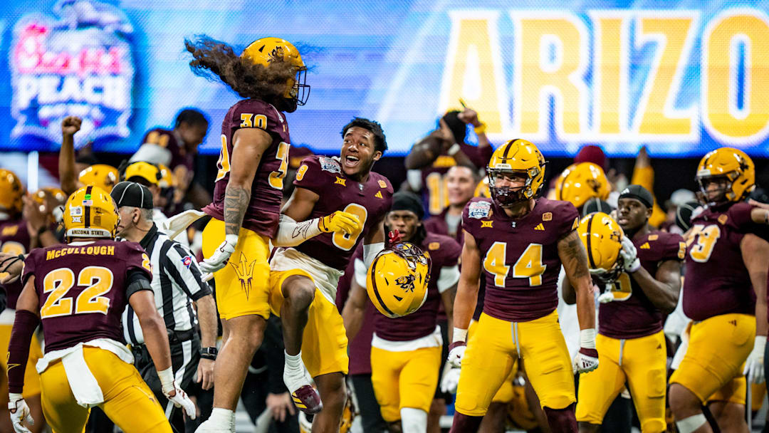 Arizona State celebrate their comeback in the fourth quarter as the Texas Longhorns play the Arizona State Sun Devils in the Peach Bowl College Football Playoff quarterfinal at Mercedes-Benz Stadium in Atlanta, Georgia, Jan. 1, 2025.