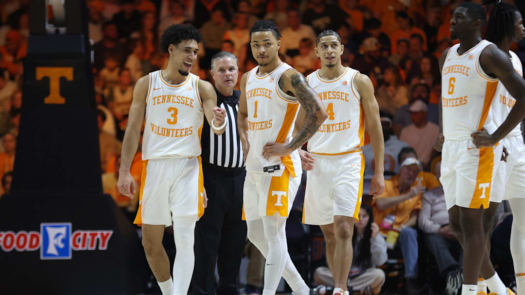 Dec 21, 2025; Knoxville, Tennessee, USA; Tennessee Volunteers guard Bishop Boswell (3) and guard Amari Evans (1) and guard Clarence Massamba (4) during the game against the Gardner-Webb Runnin' Bulldogs at Thompson-Boling Arena at Food City Center. Mandatory Credit: Randy Sartin-Imagn Images Dec 21, 2025; Knoxville, Tennessee, USA; Tennessee Volunteers guard Bishop Boswell (3) and guard Amari Evans (1) and guard Clarence Massamba (4) during the game against the Gardner-Webb Runnin' Bulldogs at Thompson-Boling Arena at Food City Center. Mandatory Credit: Randy Sartin-Imagn Images