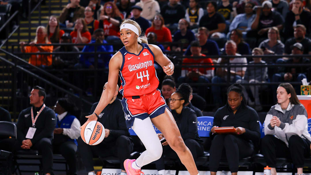 May 28, 2025; Washington, District of Columbia, USA; Washington Mystics forward Kiki Iriafen (44) dribbles the ball in the second quarter against the Indiana Fever at Entertainment & Sports Arena. Mandatory Credit: Emily Faith Morgan-Imagn Images