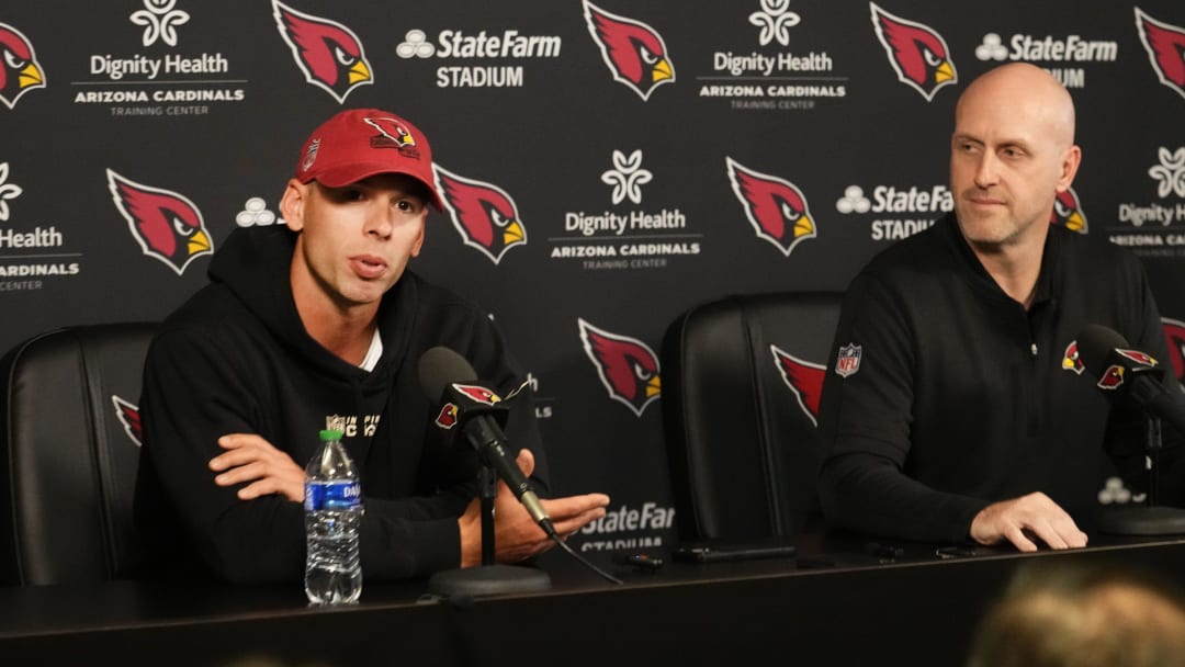 Arizona Cardinals head coach Jonathan Gannon and general manager Monti Ossenfort during an NFL pre-draft news conference at the Cardinals Dignity Health Training Center in Tempe on April 18, 2024.