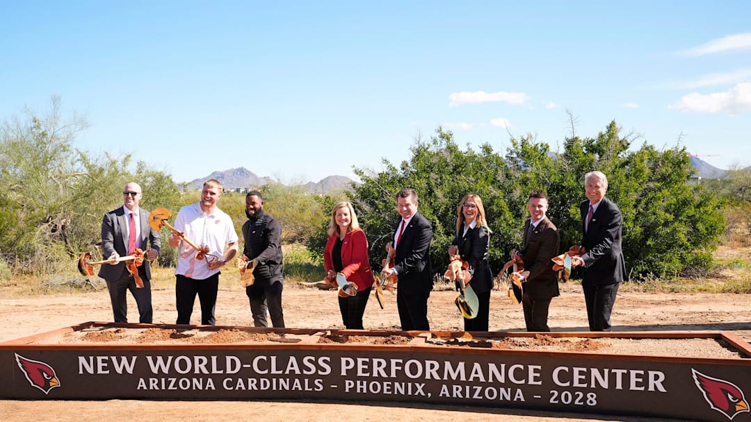 Phoenix Mayor Kate Gallego and Arizona Cardinals owner Michael J. Bidwill (center) during the groundbreaking ceremony for the Cardinals' new training facility on Feb. 19, 2026, in Phoenix.