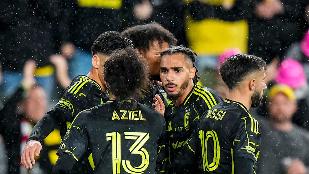 Columbus Crew defender Mohamed Farsi (23) speak to teammates in the first half at Lower.com Field on Saturday, April 5, 2025 in Columbus, Ohio.