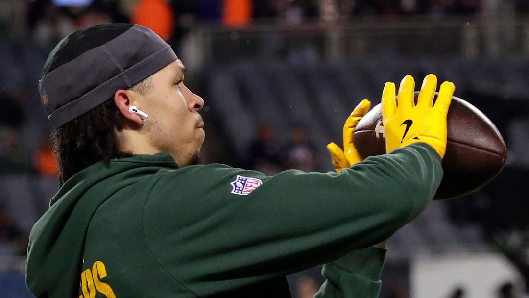 Green Bay Packers wide receiver Christian Watson (9) during pregame warm-ups before the Green Bay Packers take on the Chicago Bears in a wild-card playoff football game Saturday, January 10, 2026, at Soldier Field in Chicago, Illinois. 
Wm. Glasheen /USA TODAY NETWORK-Wisconsin.