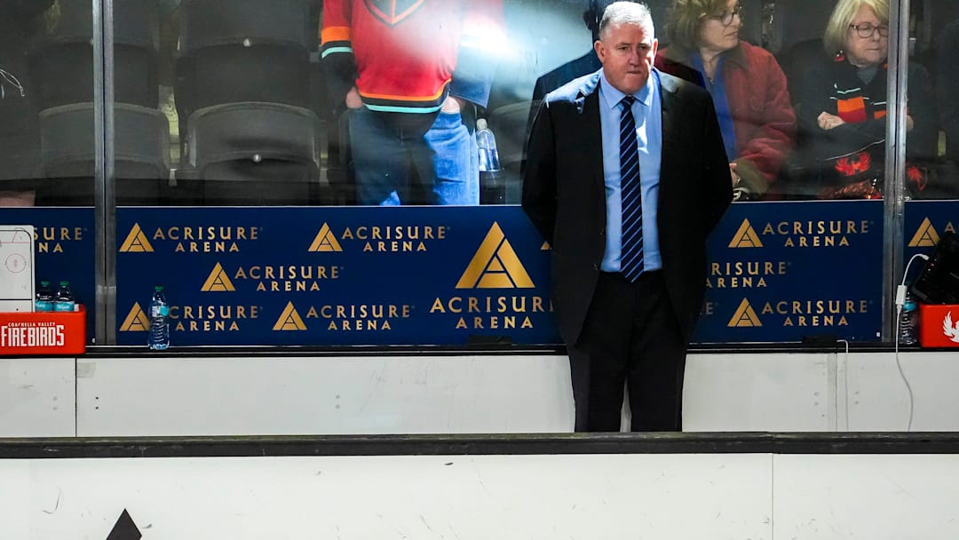 Coachella Valley head coach Derek Laxdal waits for his team to return to the ice to start overtime of Game 2 of the Pacific Division semifinals at Acrisure Arena in Palm Desert, Calif., Saturday, May 3, 2025.