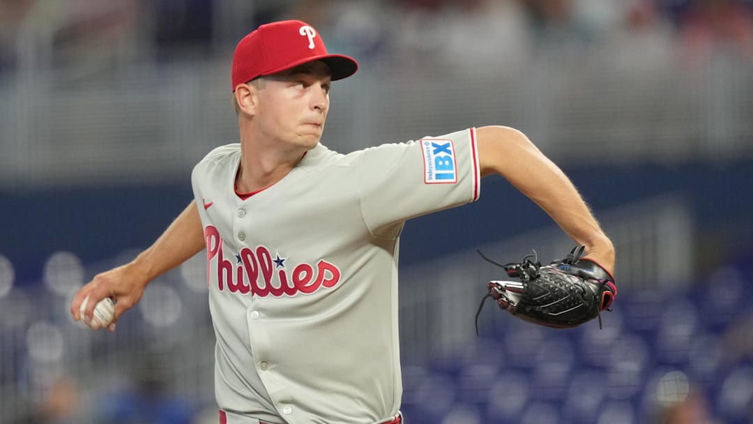 Jun 16, 2025; Miami, Florida, USA;  Philadelphia Phillies pitcher Mick Abel (40) pitches against the Miami Marlins in the first inning at loanDepot Park.