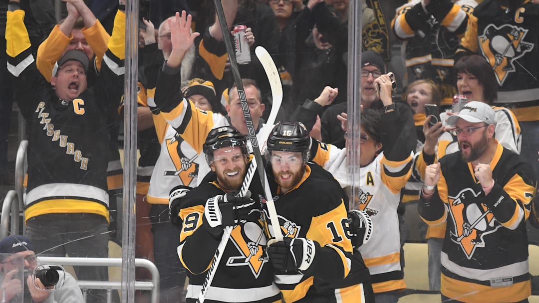 Oct 25, 2025; Pittsburgh, Pennsylvania, USA; Pittsburgh Penguins right wing Anthony Mantha (39) celebrates his goal with right wing Justin Brazeau (16) against the Columbus Blue Jackets during first period action at PPG Paints Arena. Mandatory Credit: Philip G. Pavely-Imagn Images