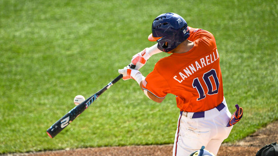 Clemson outfieler Cam Cannarella (10) hits against Notre Dame during the bottom of the first inning at Doug Kingsmore Stadum in Clemson, S.C. Friday, March 14, 2025.