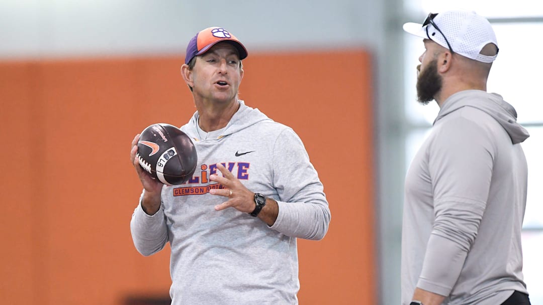 Clemson head coach Dabo Swinney talks with Clemson linebackers coach Ben Boulware during Spring Practice in Clemson, S.C. Monday, March 24, 2025.