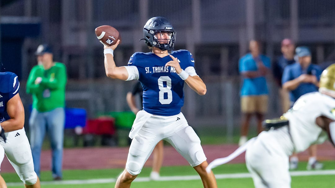 Cougars quarterback Cole Bergeron 8 as STM takes on Acadiana football. Friday, Sept. 20, 2024.