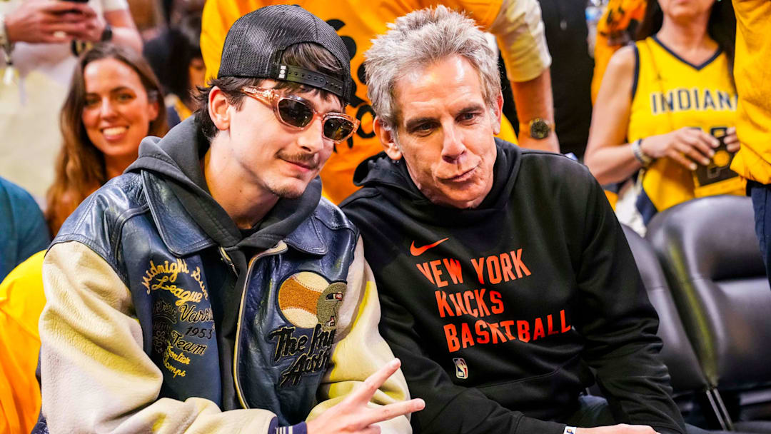Actors Timothée Chalamet and Ben Stiller pose for a photographer Tuesday, May 27, 2025, before Game 4 of the NBA Eastern Conference Finals at Gainbridge Fieldhouse in Indianapolis.