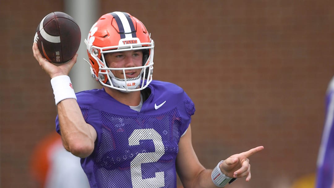 Clemson quarterback Cade Klubnik (2) passes during Spring Practice in Clemson, S.C. Monday, March 24, 2025.