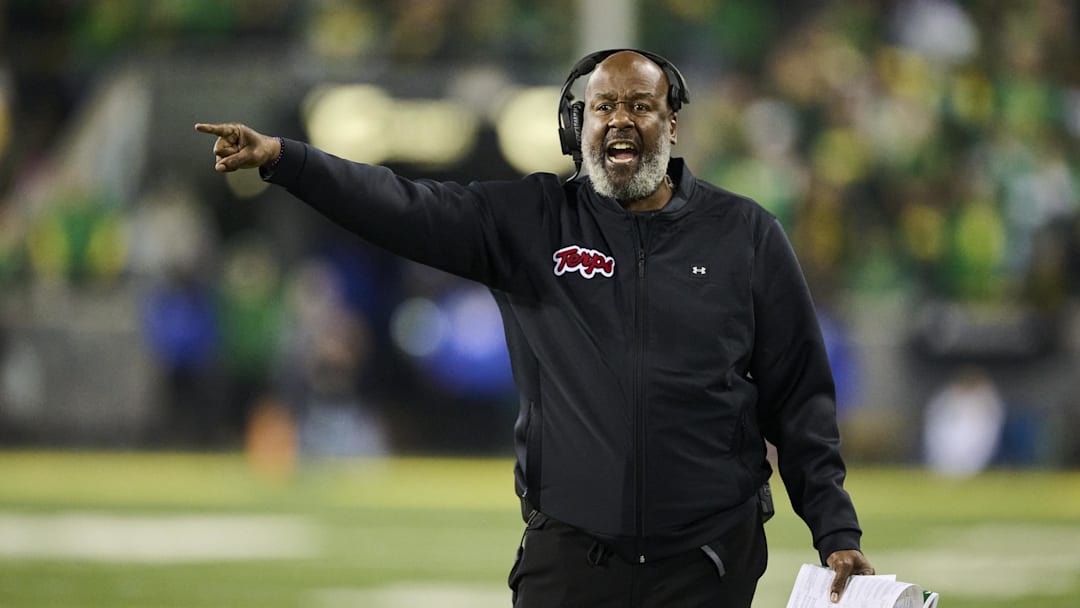 Nov 9, 2024; Eugene, Oregon, USA; Maryland Terrapins head coach Mike Locksley questions a call during the second half against the Oregon Ducks at Autzen Stadium. 