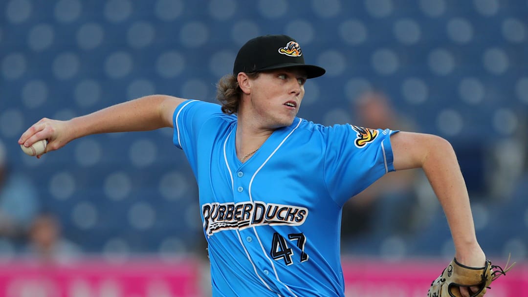 RubberDucks starting pitcher Austin Peterson throws against the Erie SeaWolves during the first inning of Game 1 of the Eastern League Playoffs at Canal Park, Tuesday, Sept. 17, 2024.