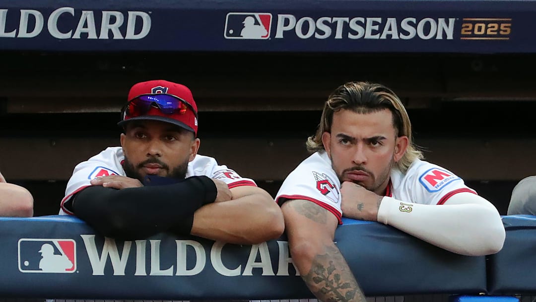 Cleveland Guardians shortstop Gabriel Arias, right, reacts as the Detroit Tigers near a win in Game 3 of the American League Wild Card Series at Progressive Field, Oct. 2, 2025, in Cleveland, Ohio.