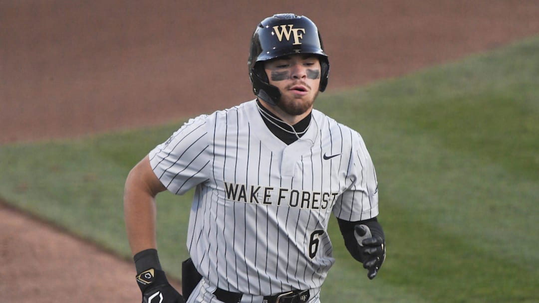 Wake Forest University sophomore Kade Lewis (6) runs toward home plate after hitting a home run against Clemson during the top of the sixth inning at Doug Kingsmore Stadium in Clemson, S.C. Friday, March 21, 2025.