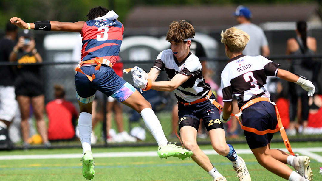 The boys 13u All American team takes on the CC Elite in the 2024 NFL Flag Championships games at ForeverLawn Sports Complex. Thursday, July 18, 2024. The boys 13u All American team takes on the CC Elite in the 2024 NFL Flag Championships games at ForeverLawn Sports Complex. Thursday, July 18, 2024.