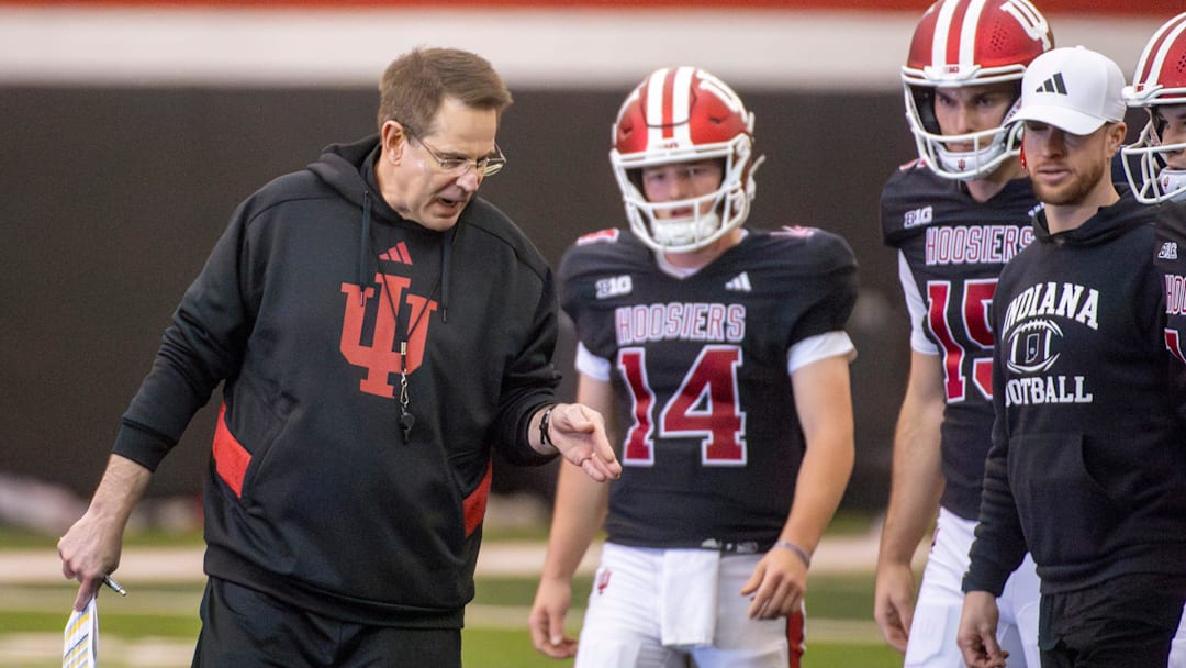 Indiana Head Coach Curt Cignetti instructs his team during spring football practice on Tuesday, April 8, 2025.