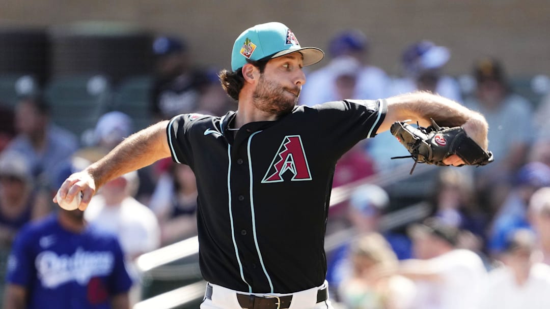 Arizona Diamondbacks pitcher Zac Gallen (23) throws to the Los Angeles Dodgers in the first inning on Feb. 25, 2026, at Salt River Fields in Scottsdale.