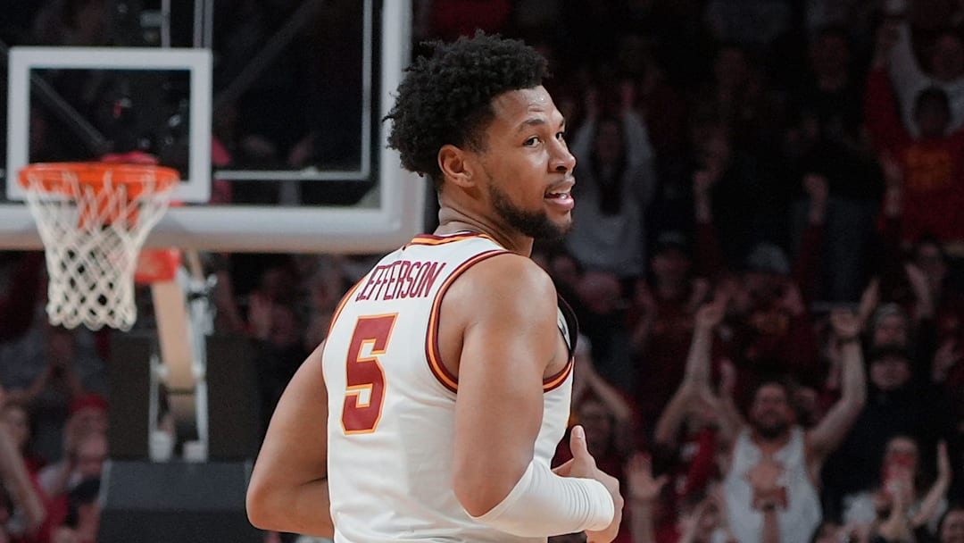 Iowa State Cyclones forward Joshua Jefferson (5) reacts after a triple-double against West Virginia Mountaineers during the second half on Jan. 2, 2026, at Hilton Coliseum in Ames, Iowa.