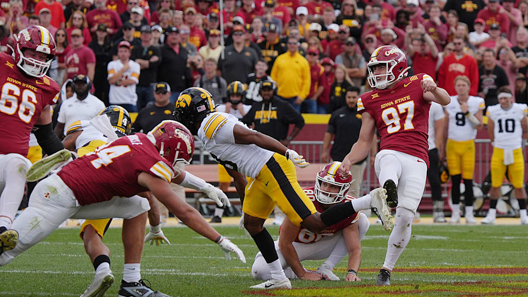Iowa State Cyclones kicker Kyle Konrardy (97) looks at the ball after a game winning field goal against Iowa during the fourth quarter in the Cy-Hawk football at Jack Trice Stadium on Sept. 6, 2025, in Ames, Iowa