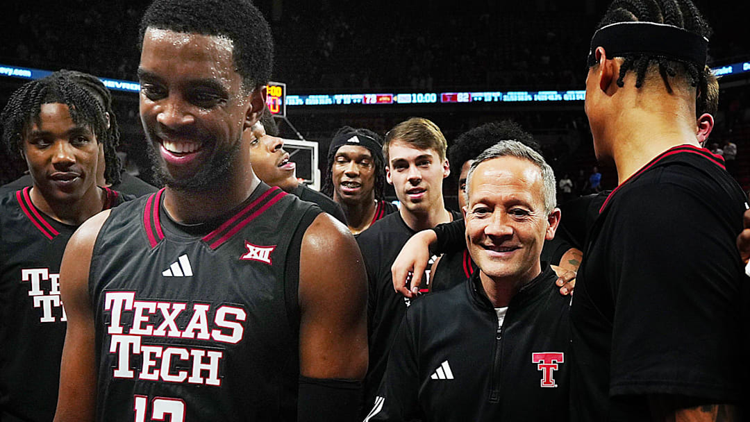 Texas Tech Red Raiders men's basketball head coach Grant McCasland celebrates with team after winning 82073 over Iowa State in the Big-12 conference men’s basketball showdown on Feb. 28, 2026, at Hilton Coliseum in Ames, Iowa.