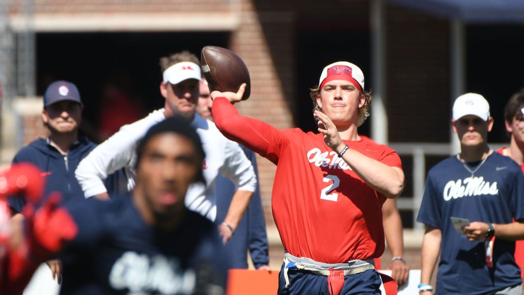 Ole Miss quarterback Jaxson Dart (2) passes during the Ole Miss Grove Bowl Games at Vaught-Hemingway Stadium in Oxford, Miss., on Saturday, Apr. 13, 2024.